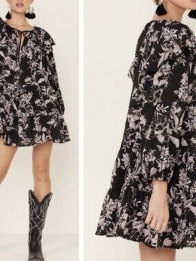 FREE PEOPLE Sunbaked Floral Swing Mini Dress XS Washed Black Boho Oversized
